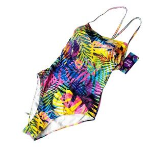 AVVA Sport Swimwear Tropical Neon Lace Up Back High Cut One Piece Swimsuit